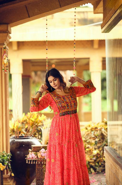 Women Gorgeous Bandhani Printed Faux Georgette Fabric Flared Gown