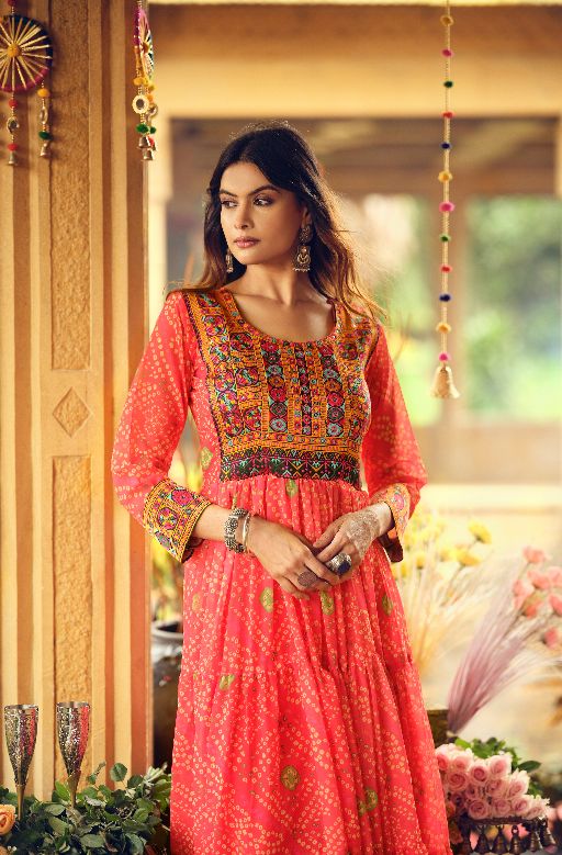Women Gorgeous Bandhani Printed Faux Georgette Fabric Flared Gown