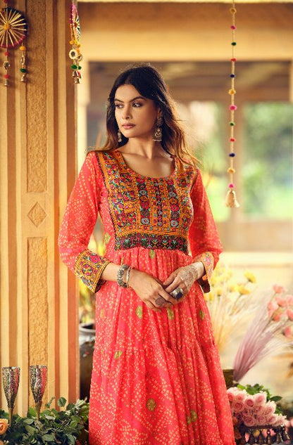 Women Gorgeous Bandhani Printed Faux Georgette Fabric Flared Gown