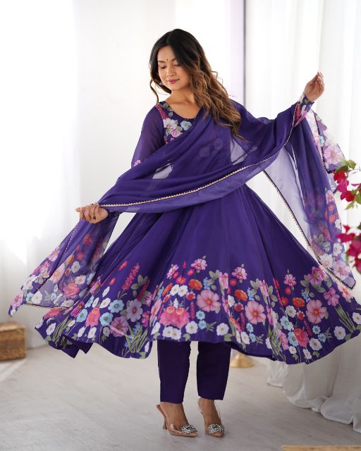 Floral Anarkali Purple Ethnic Dress  Indian Traditional Wear  Embroidered Kurta Set Dupatta With Floral Border Fe