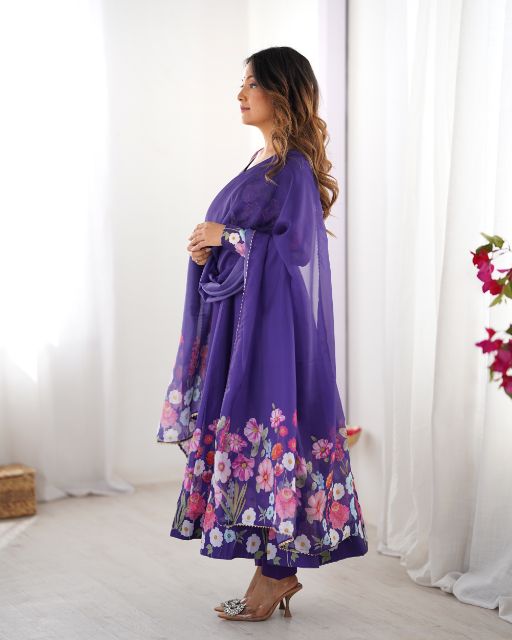 Floral Anarkali Purple Ethnic Dress  Indian Traditional Wear  Embroidered Kurta Set Dupatta With Floral Border Fe