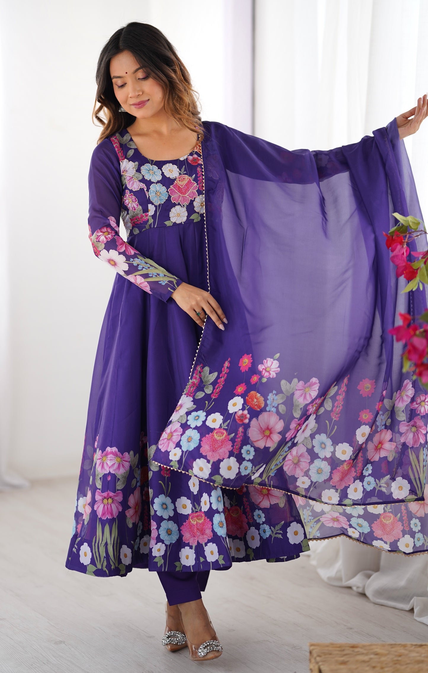 Women's Gorgeous Floral Printed Organza Silk Fabric Flared Anarkali Pant and Dupatta Set
