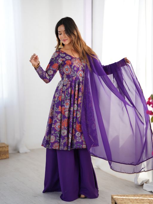 Floral Anarkali  Purple ethnic dress  Indian traditional wear  Embroidered kurta set