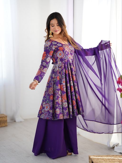 Floral Anarkali  Purple ethnic dress  Indian traditional wear  Embroidered kurta set