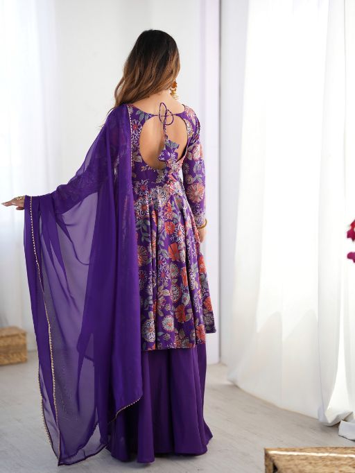 Floral Anarkali  Purple ethnic dress  Indian traditional wear  Embroidered kurta set