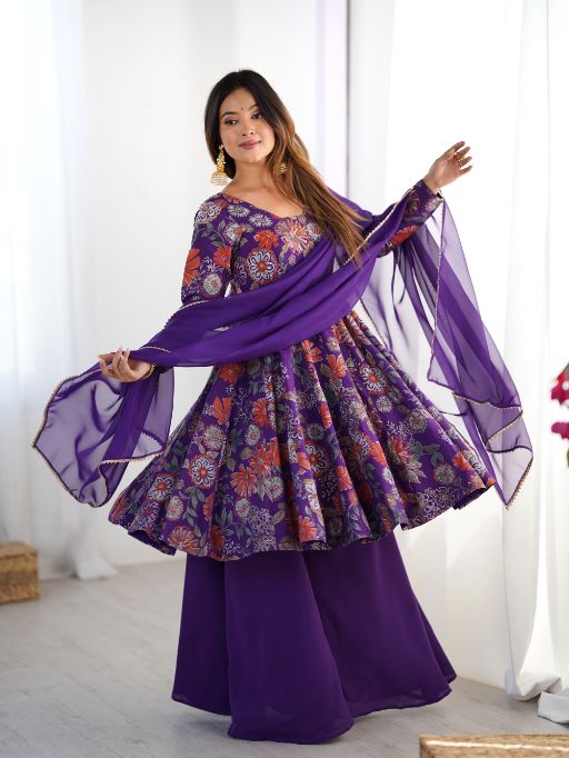 Floral Anarkali  Purple ethnic dress  Indian traditional wear  Embroidered kurta set