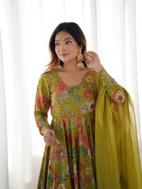Green Printed Anarkali Suit  Designer Sharara Dress  Festive Indian Outfit for Women  Elegant Floral Kurta with Sharara  Long Kurti with Palazzo Pants