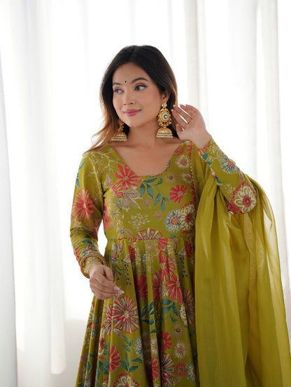 Green Printed Anarkali Suit  Designer Sharara Dress  Festive Indian Outfit for Women  Elegant Floral Kurta with Sharara  Long Kurti with Palazzo Pants