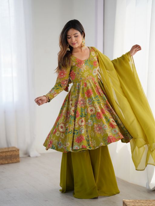 Green Printed Anarkali Suit  Designer Sharara Dress  Festive Indian Outfit for Women  Elegant Floral Kurta with Sharara  Long Kurti with Palazzo Pants