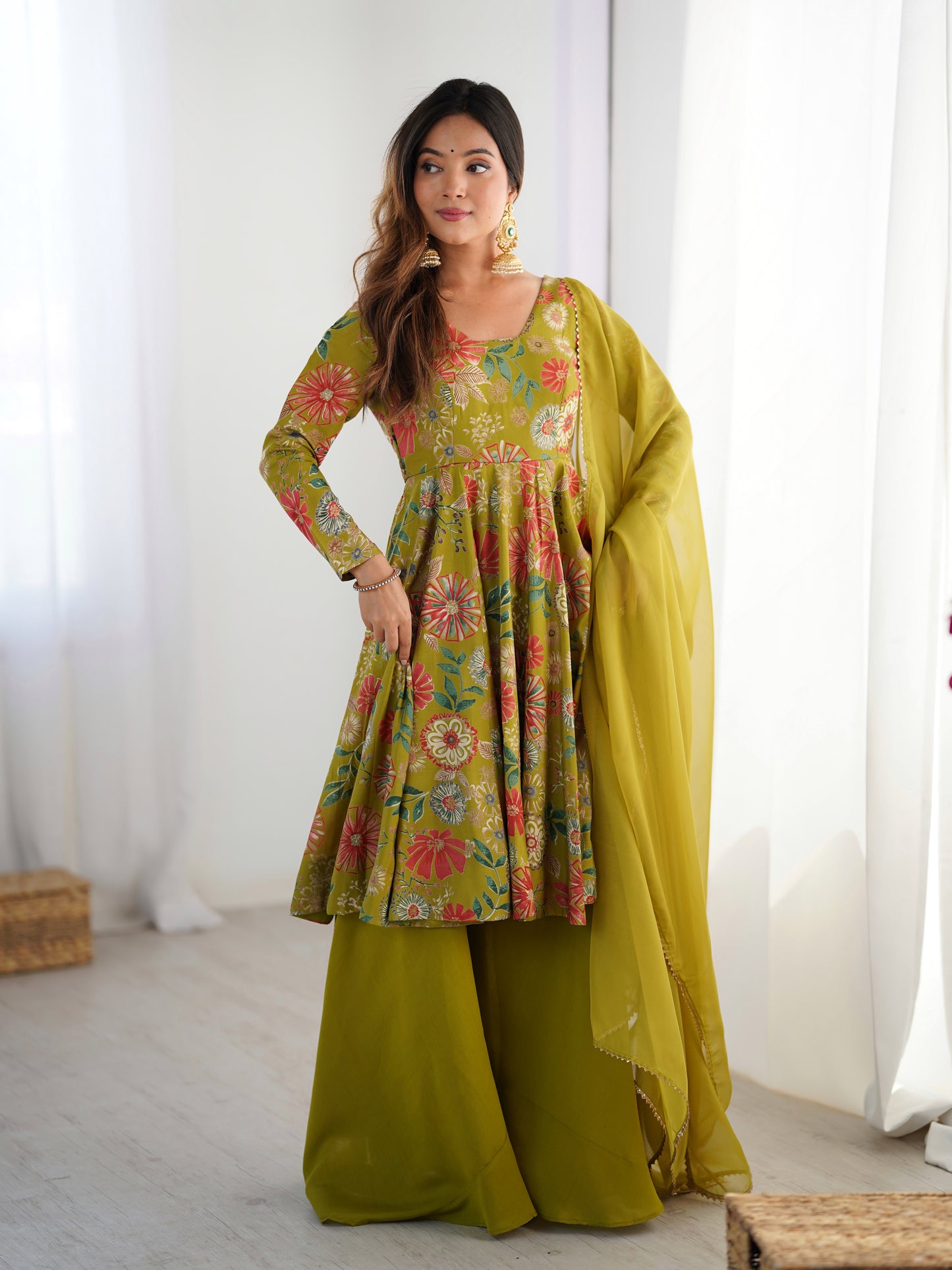 Women's Gorgeous Printed Roman Silk Chanderi Fabric Flared Kurta Palazzo and Dupatta Set