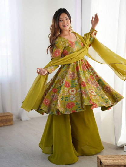 Green Printed Anarkali Suit  Designer Sharara Dress  Festive Indian Outfit for Women  Elegant Floral Kurta with Sharara  Long Kurti with Palazzo Pants