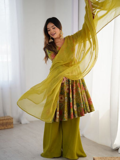 Green Printed Anarkali Suit  Designer Sharara Dress  Festive Indian Outfit for Women  Elegant Floral Kurta with Sharara  Long Kurti with Palazzo Pants