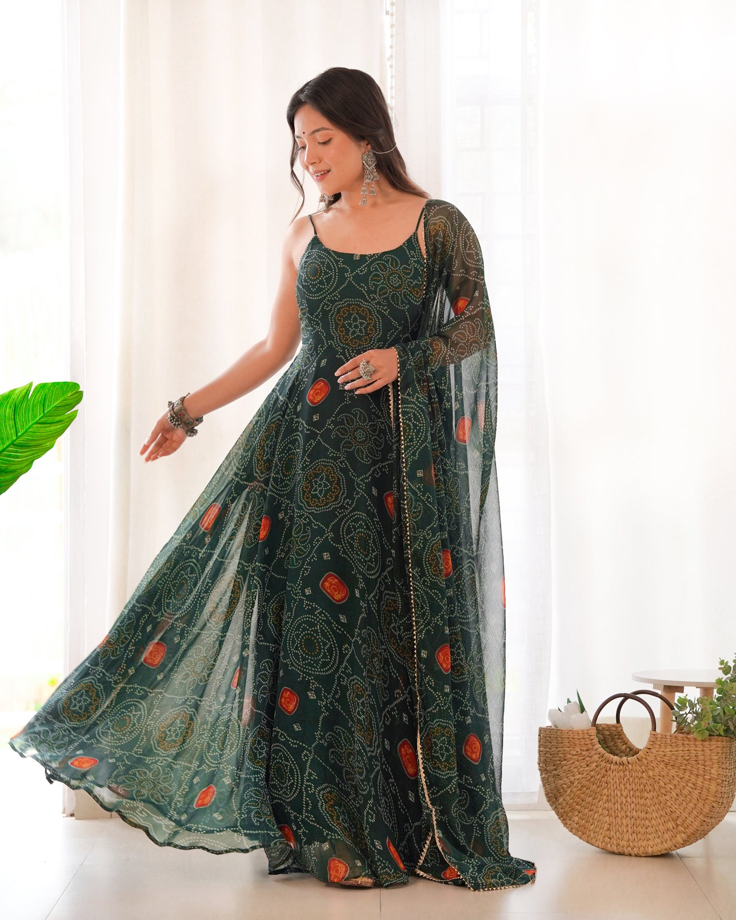 Women's Beautiful Printed Chiffon Bandhej Fabric Flared Anarkali Pant and Dupatta Set