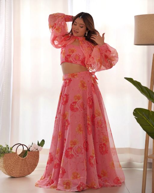 Multi Floral Organja Fabric Lehengha Choli Full Sttiched With Detachable Sleeves,With Fancy Blouse Fully Sttiched Ready To Wear