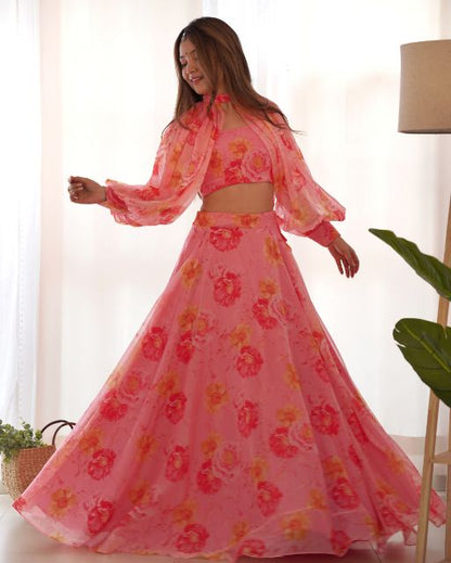 Multi Floral Organja Fabric Lehengha Choli Full Sttiched With Detachable Sleeves,With Fancy Blouse Fully Sttiched Ready To Wear