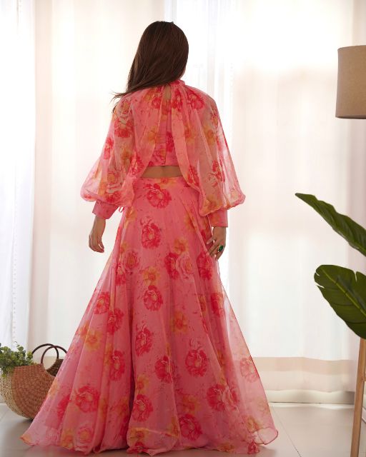 Multi Floral Organja Fabric Lehengha Choli Full Sttiched With Detachable Sleeves,With Fancy Blouse Fully Sttiched Ready To Wear