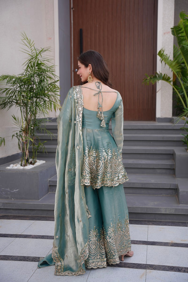 Seagreen Fendy Satin With Embroidered Real Mirror Work Plazzo Set