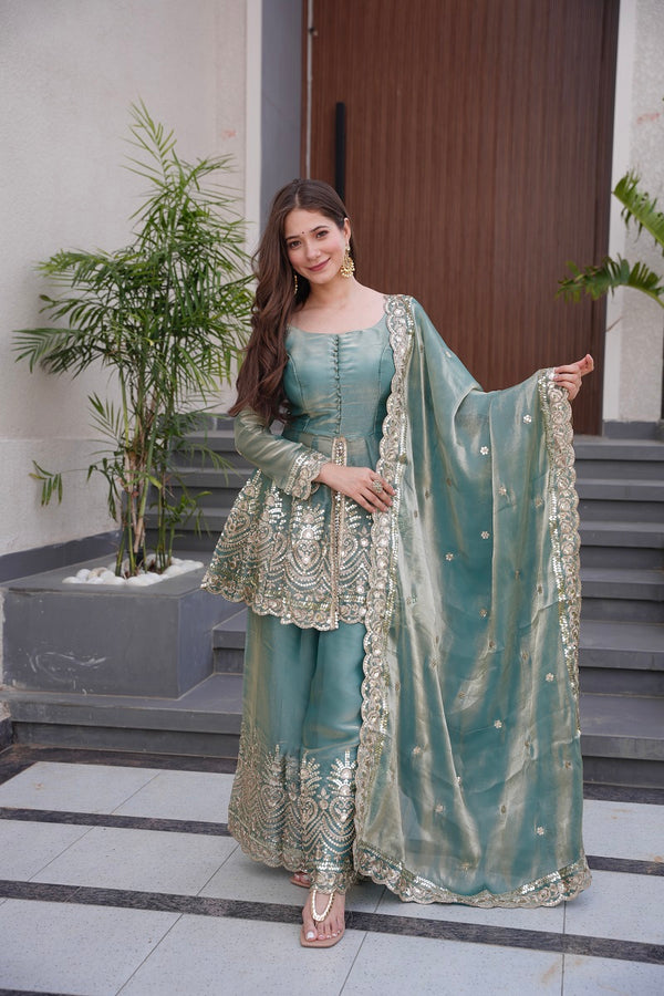 Seagreen Fendy Satin With Embroidered Real Mirror Work Plazzo Set