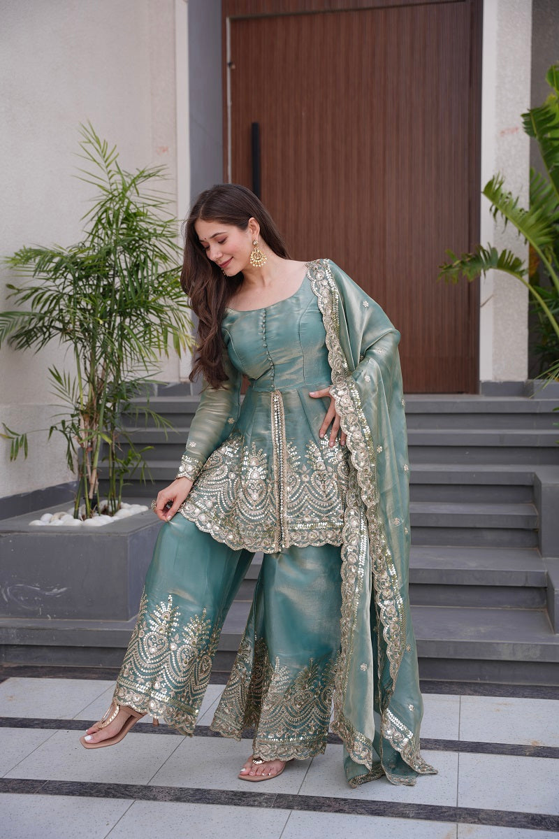 Seagreen Fendy Satin With Embroidered Real Mirror Work Plazzo Set