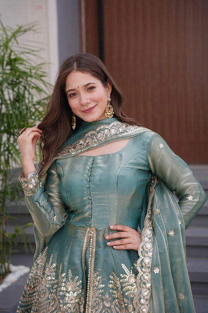 Seagreen Fendy Satin With Embroidered Real Mirror Work Plazzo Set