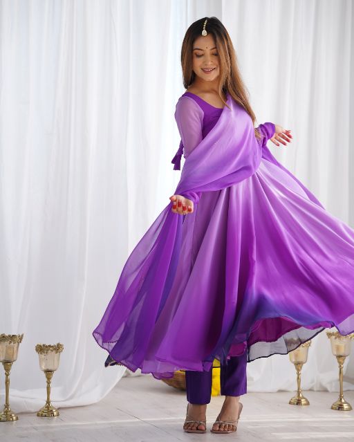 Purple ombré anarkali gown Layered georgette anarkali dress Full sleeve ethnic gown Elegant festive wear for women
