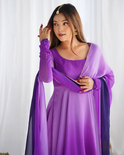 Purple ombré anarkali gown Layered georgette anarkali dress Full sleeve ethnic gown Elegant festive wear for women