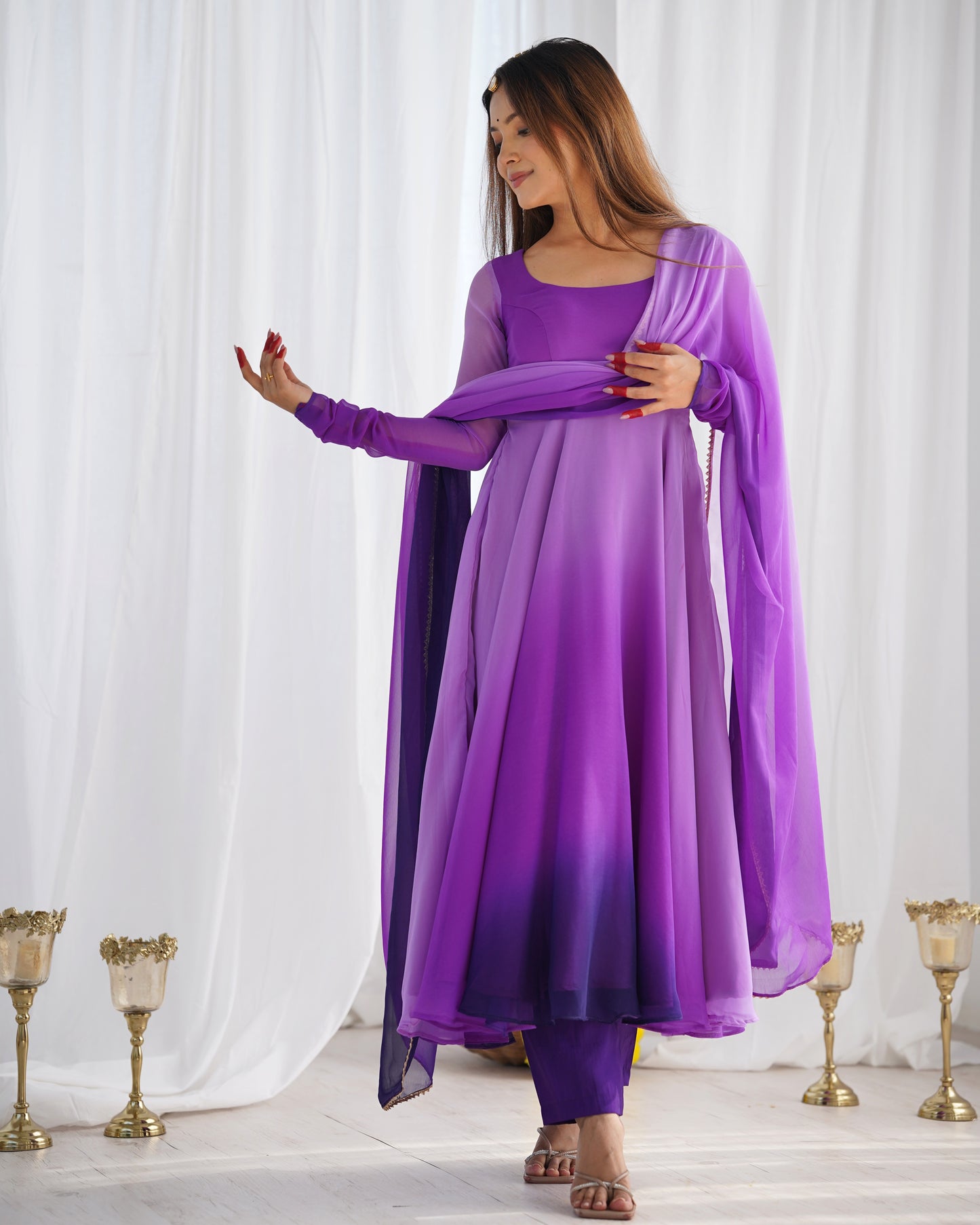Women's Gorgeous Solid Fox Georgette Fabric Flared Anarkali Pant and Dupatta Set