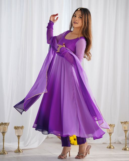 Purple ombré anarkali gown Layered georgette anarkali dress Full sleeve ethnic gown Elegant festive wear for women