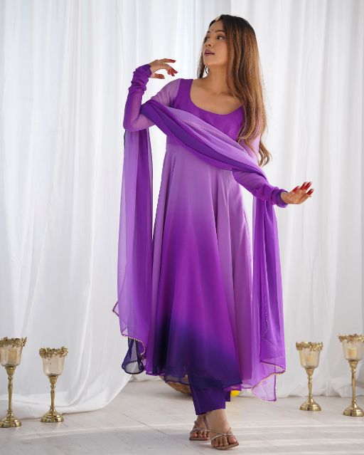 Purple ombré anarkali gown Layered georgette anarkali dress Full sleeve ethnic gown Elegant festive wear for women