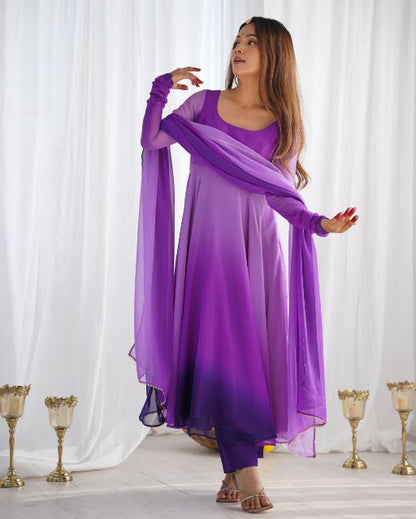 Purple ombré anarkali gown Layered georgette anarkali dress Full sleeve ethnic gown Elegant festive wear for women
