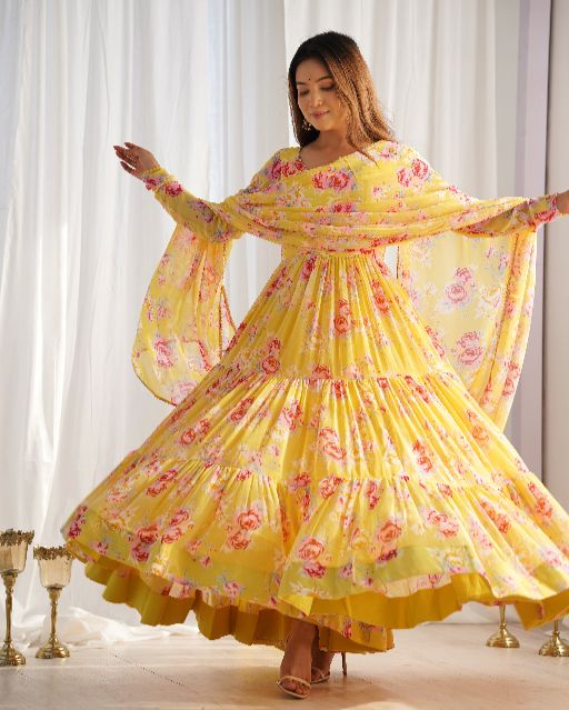 Women's Gorgeous Floral Print Fox Georgette Fabric Flared Anarkali Pant and Dupatta Set
