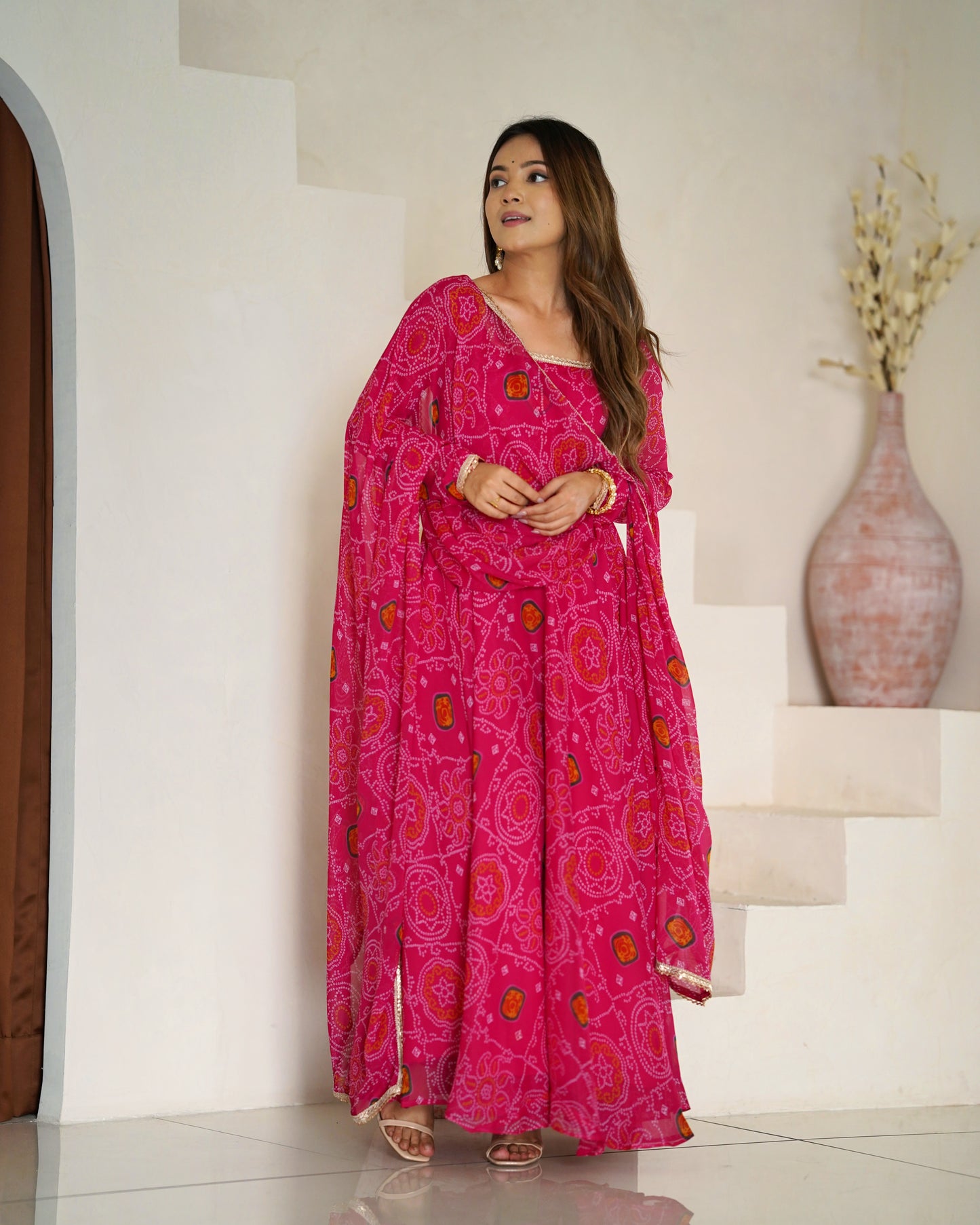 Women's Gorgeous Bandhani Printed Chiffon Fabric Flared Anarkali Pant and Dupatta Set