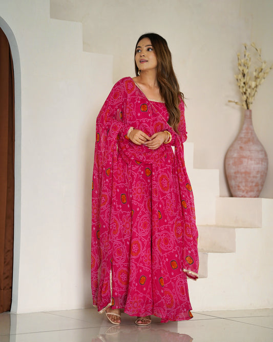 Women's Gorgeous Bandhani Printed Chiffon Fabric Flared Anarkali Pant and Dupatta Set