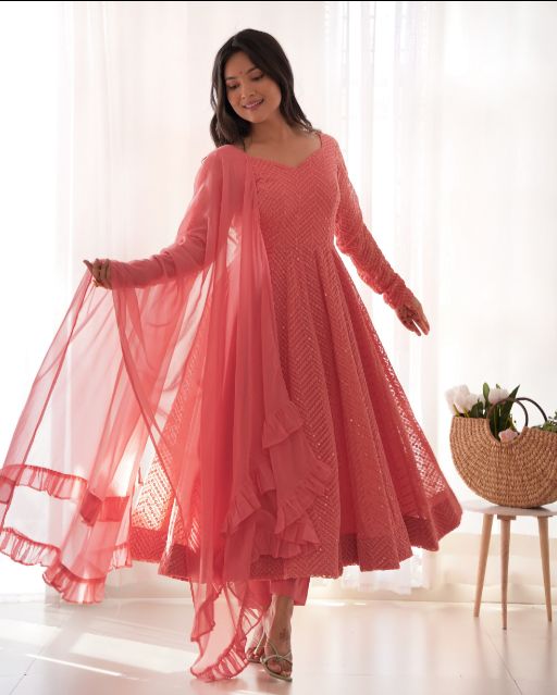 Peach anarkali suit set Embroidered anarkali dress Ruffle dupatta ethnic set Festive wear for women