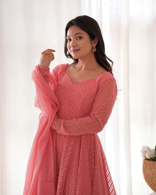 Peach anarkali suit set Embroidered anarkali dress Ruffle dupatta ethnic set Festive wear for women