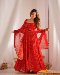 Women's Gorgeous Bandhani Printed Chiffon Fabric Flared Anarkali Pant and Dupatta Set