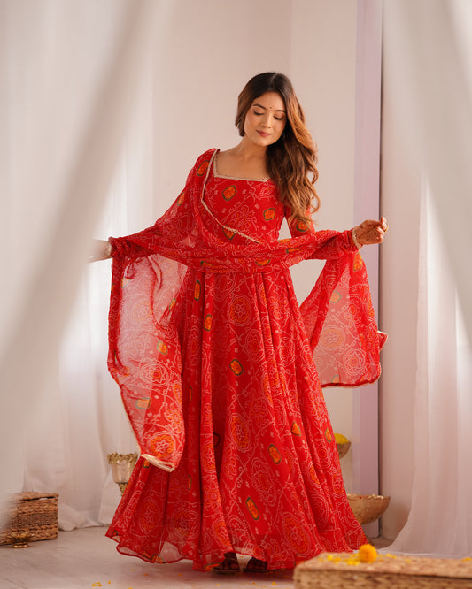 Women's Gorgeous Bandhani Printed Chiffon Fabric Flared Anarkali Pant and Dupatta Set