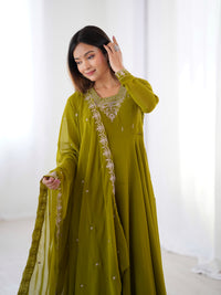 Olive Green Anarkali Suit Embroidered Dupatta Set Indian Ethnic Wear for Women Festive Anarkali Dress Chiffon Anarkali with Dupatta