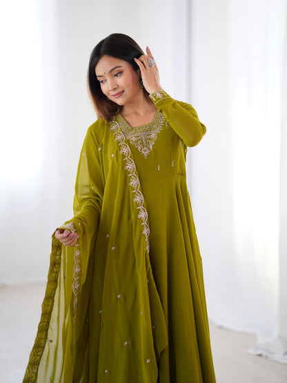 Olive Green Anarkali Suit Embroidered Dupatta Set Indian Ethnic Wear for Women Festive Anarkali Dress Chiffon Anarkali with Dupatta