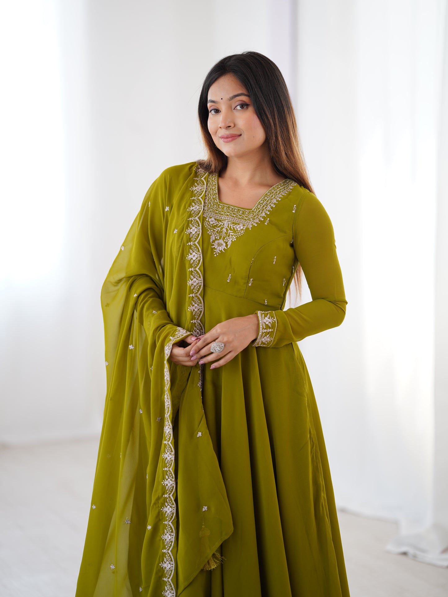 Olive Green Anarkali Suit Embroidered Dupatta Set Indian Ethnic Wear for Women Festive Anarkali Dress Chiffon Anarkali with Dupatta