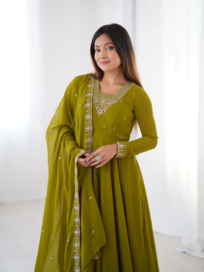 Olive Green Anarkali Suit Embroidered Dupatta Set Indian Ethnic Wear for Women Festive Anarkali Dress Chiffon Anarkali with Dupatta