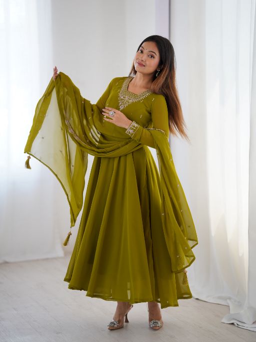 Olive Green Anarkali Suit Embroidered Dupatta Set Indian Ethnic Wear for Women
