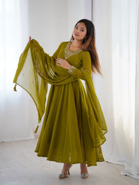 Olive Green Anarkali Suit Embroidered Dupatta Set Indian Ethnic Wear for Women