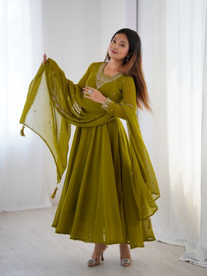 Olive Green Anarkali Suit Embroidered Dupatta Set Indian Ethnic Wear for Women