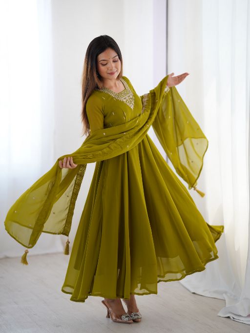 Olive Green Anarkali Suit Embroidered Dupatta Set Indian Ethnic Wear for Women