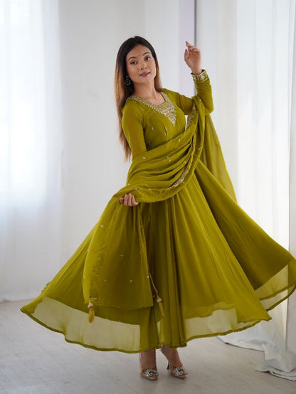Olive Green Anarkali Suit Embroidered Dupatta Set Indian Ethnic Wear for Women