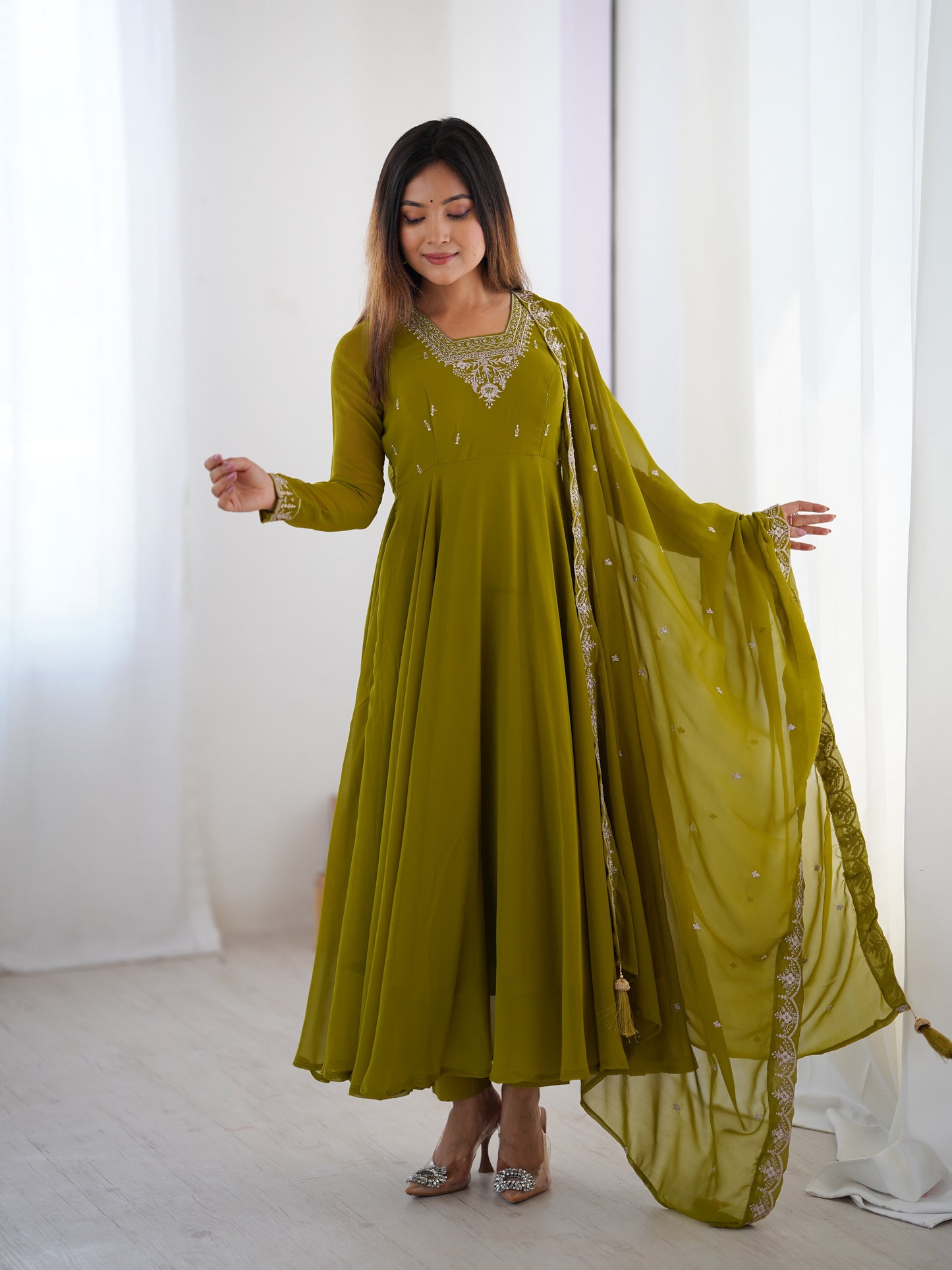 Women's Beautiful Embroidery work Fox Georgette Fabric Flared Anarkali Pant and Dupatta Set