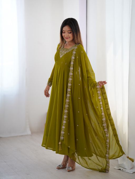 Olive Green Anarkali Suit Embroidered Dupatta Set Indian Ethnic Wear for Women