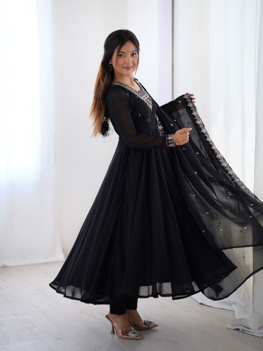 Women's black Anarkali suit Full flare georgette Anarkali Embroidered ethnic dress with dupatta