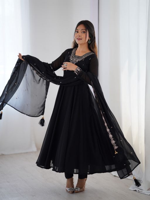 Women's black Anarkali suit Full flare georgette Anarkali Embroidered ethnic dress with dupatta